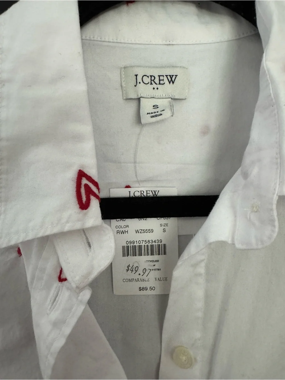 J. Crew White Shirt with Red Heart Accents